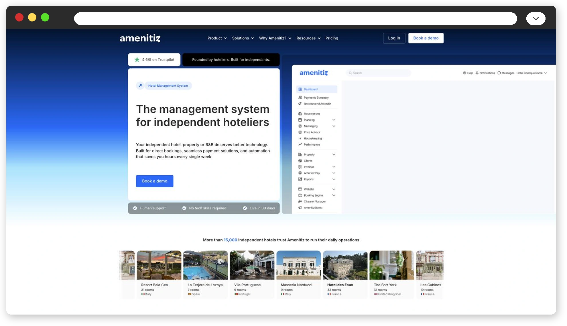 Página de inicio del software de gestión hotelera Amenitiz