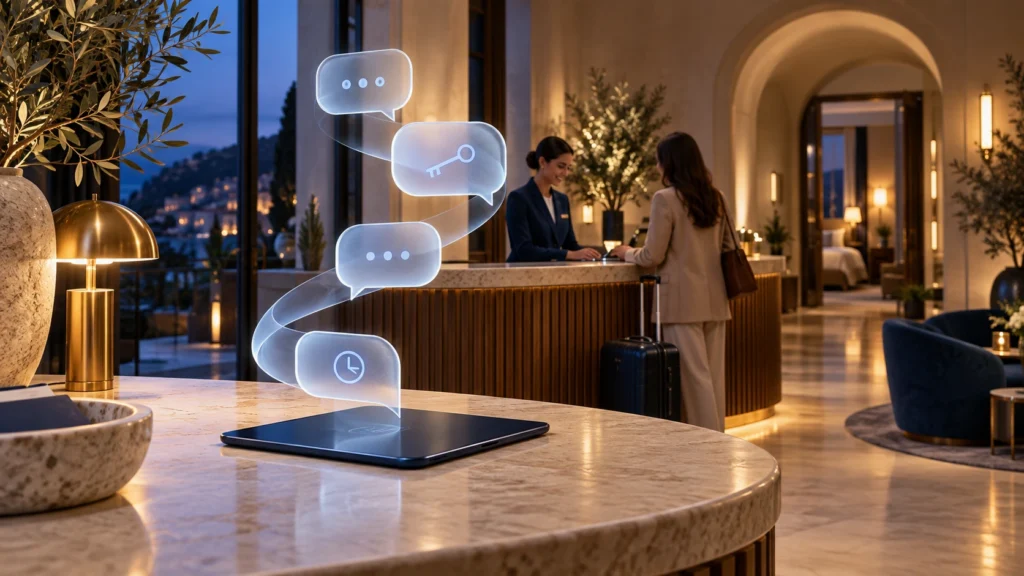 Hotel receptionist welcoming a guest beside a tablet with digital conversation symbols