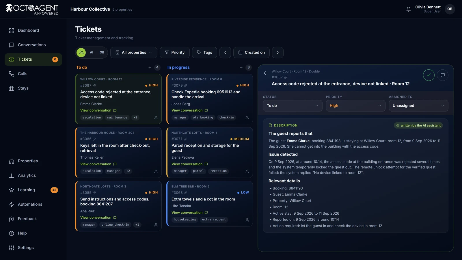 Πίνακας tickets του OctoAgent με προτεραιότητες, προθεσμίες και στήλες Προς εκτέλεση, Σε εξέλιξη και Ολοκληρωμένα