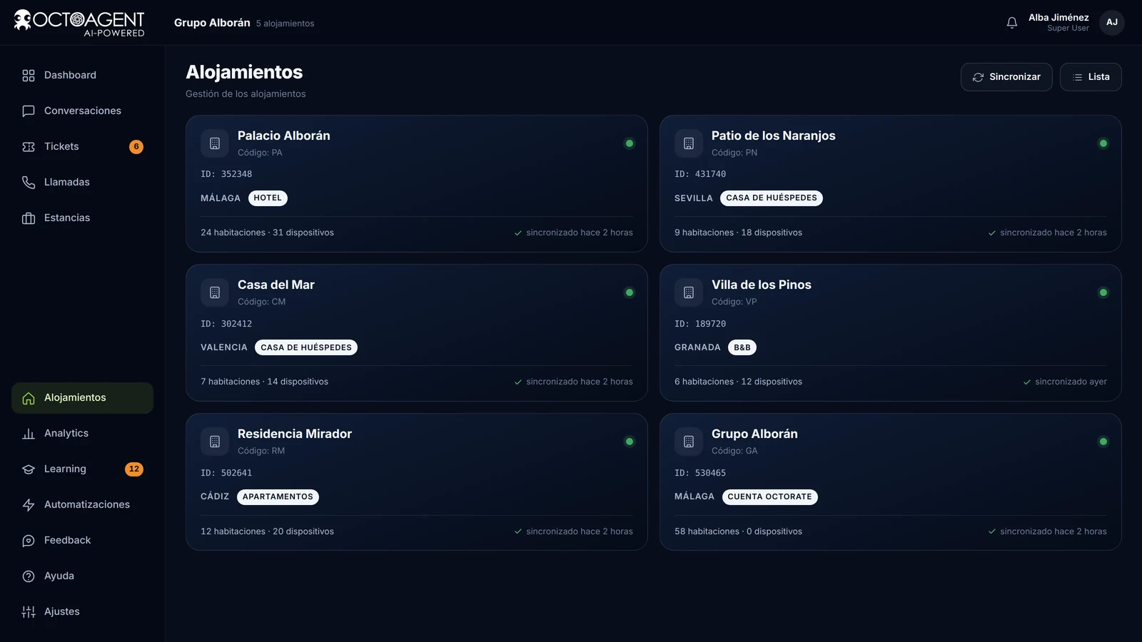 Alojamientos conectados a OctoAgent, cada uno con sus reglas, códigos y dispositivos