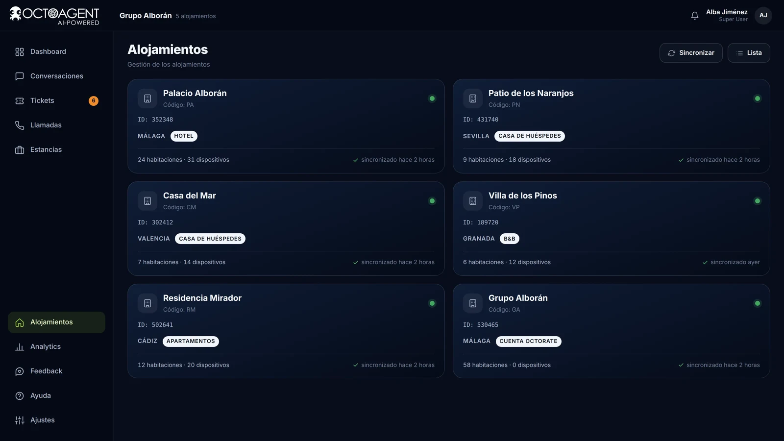 Alojamientos conectados a OctoAgent, cada uno con sus reglas, códigos y dispositivos