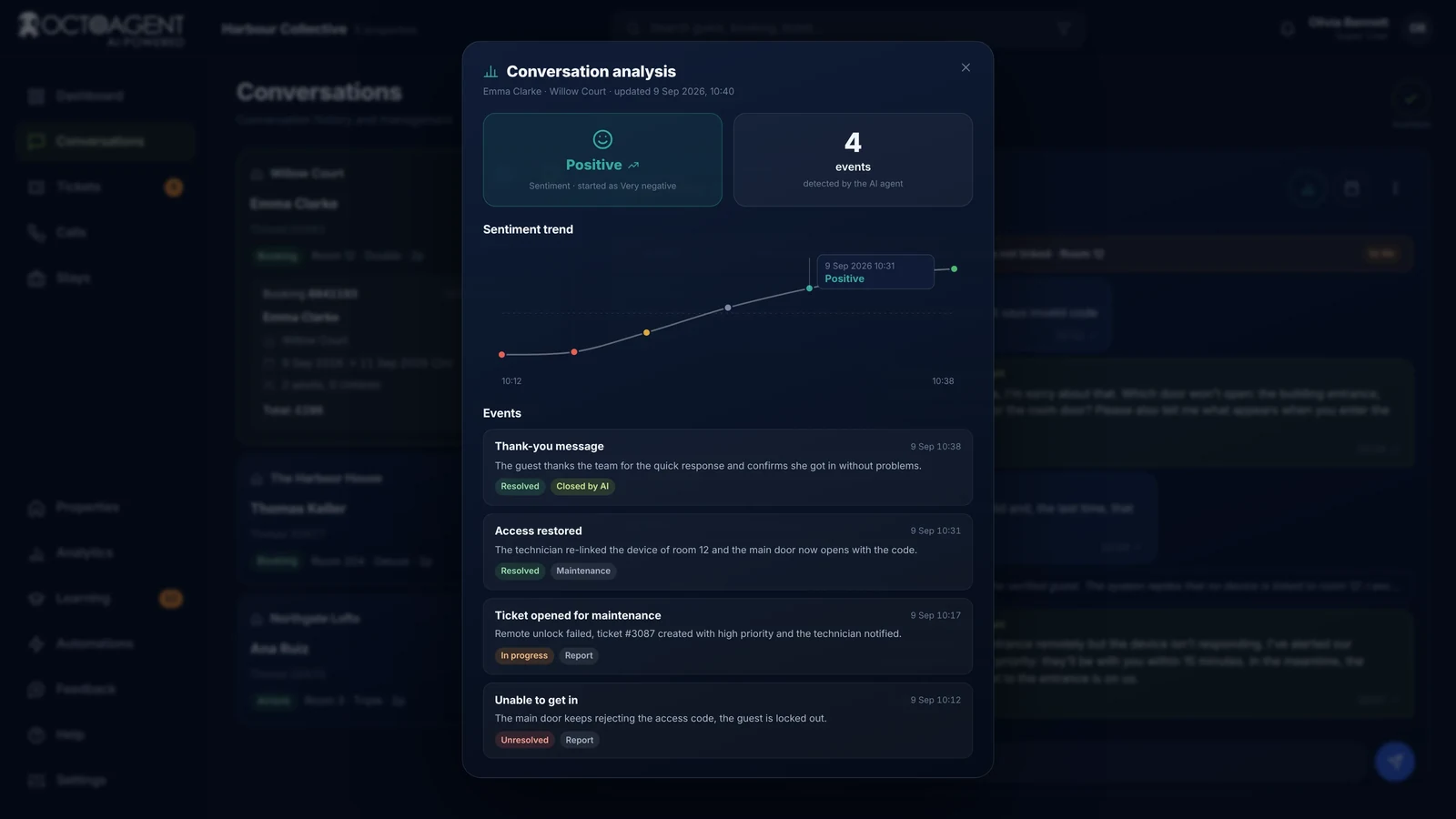 Analyse eines Gesprächs in OctoAgent, Sentiment-Verlauf, erkannte Ereignisse und Entscheidungen des KI-Agenten