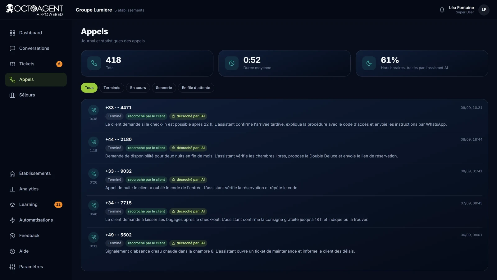 Appels téléphoniques gérés par OctoAgent avec résumé écrit, durée et résultat