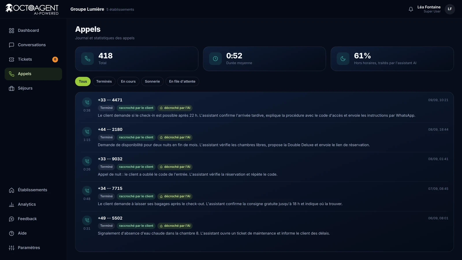 Appels téléphoniques gérés par OctoAgent avec résumé écrit, durée et résultat