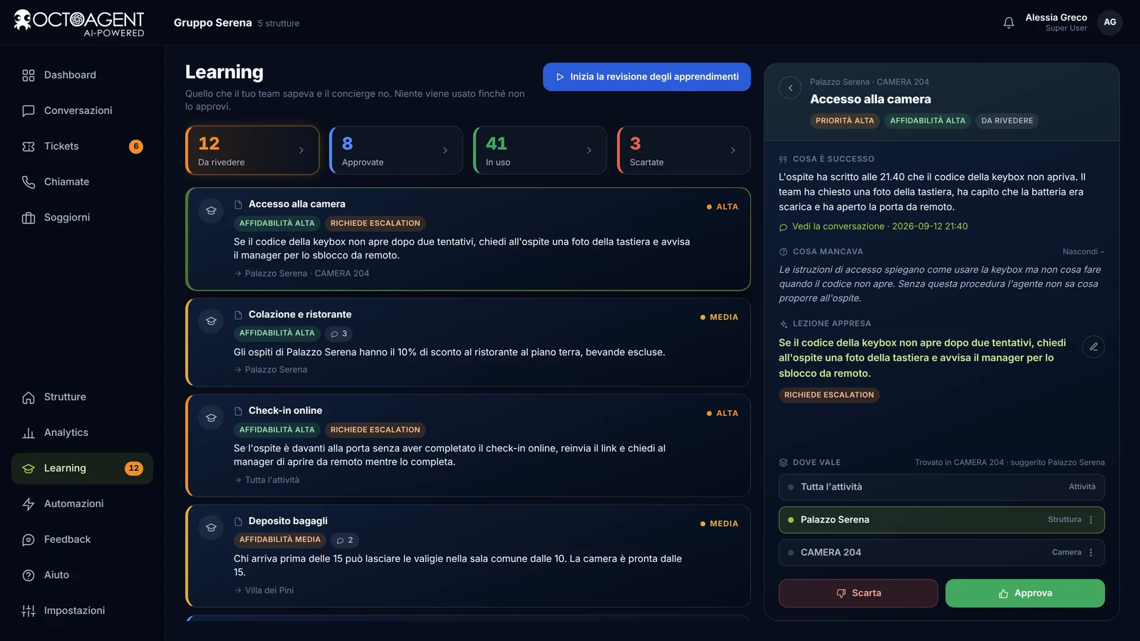 Sezione Learning di OctoAgent con le lezioni proposte dalle risposte del team, da rivedere e approvare