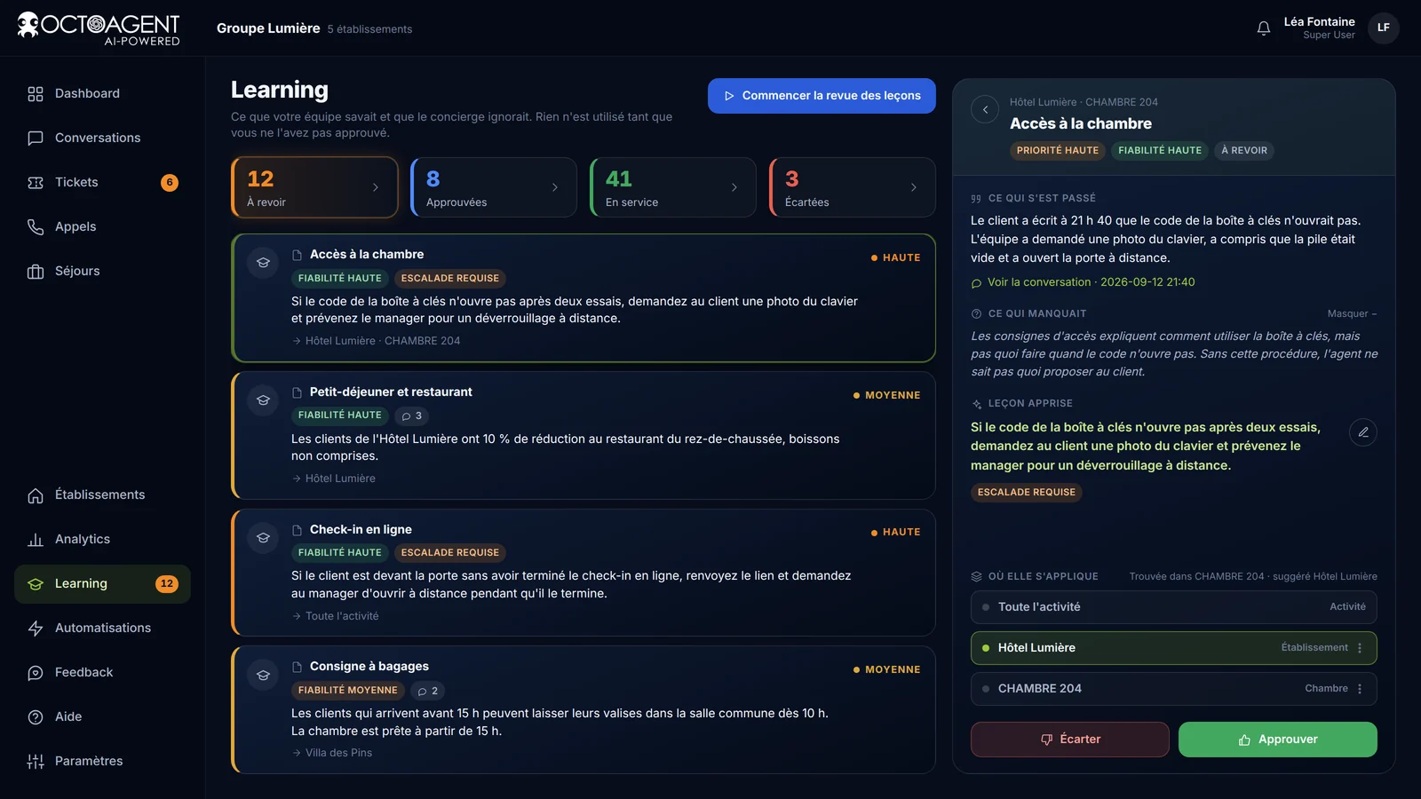 Section Learning d’OctoAgent avec les leçons proposées à partir des réponses de l’équipe, à relire et approuver