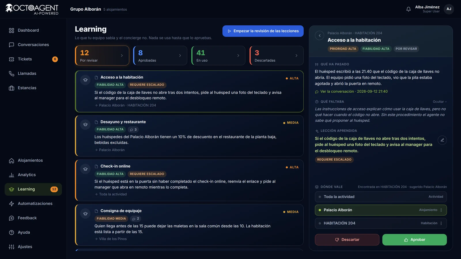 Sección Learning de OctoAgent con las lecciones propuestas a partir de las respuestas del equipo, para revisar y aprobar
