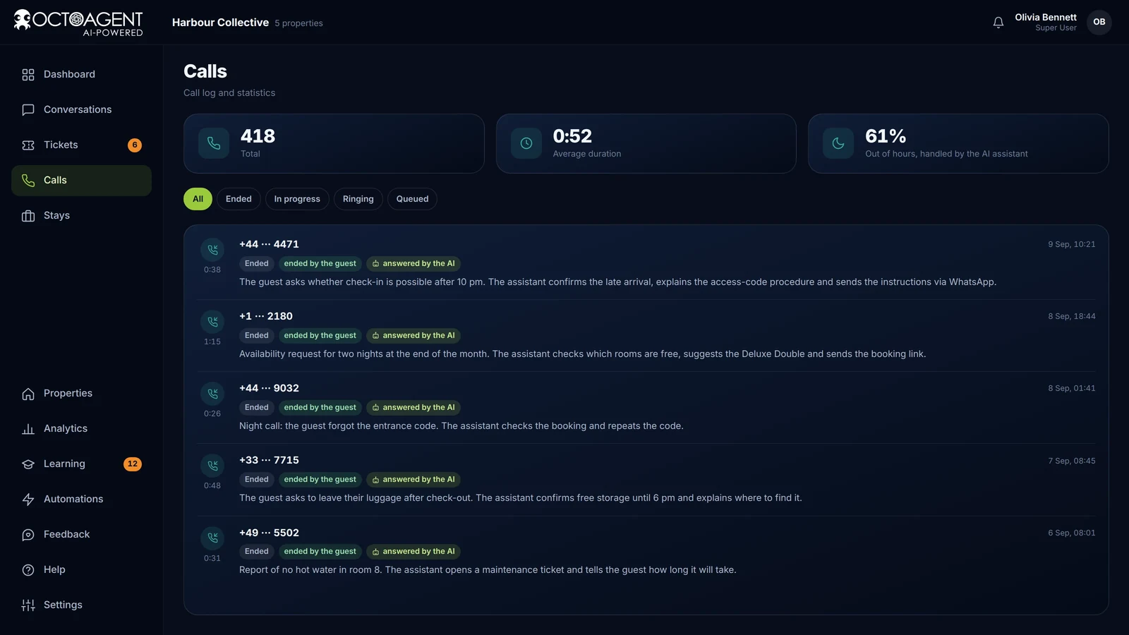 Phone calls handled by OctoAgent with written summary, duration and outcome