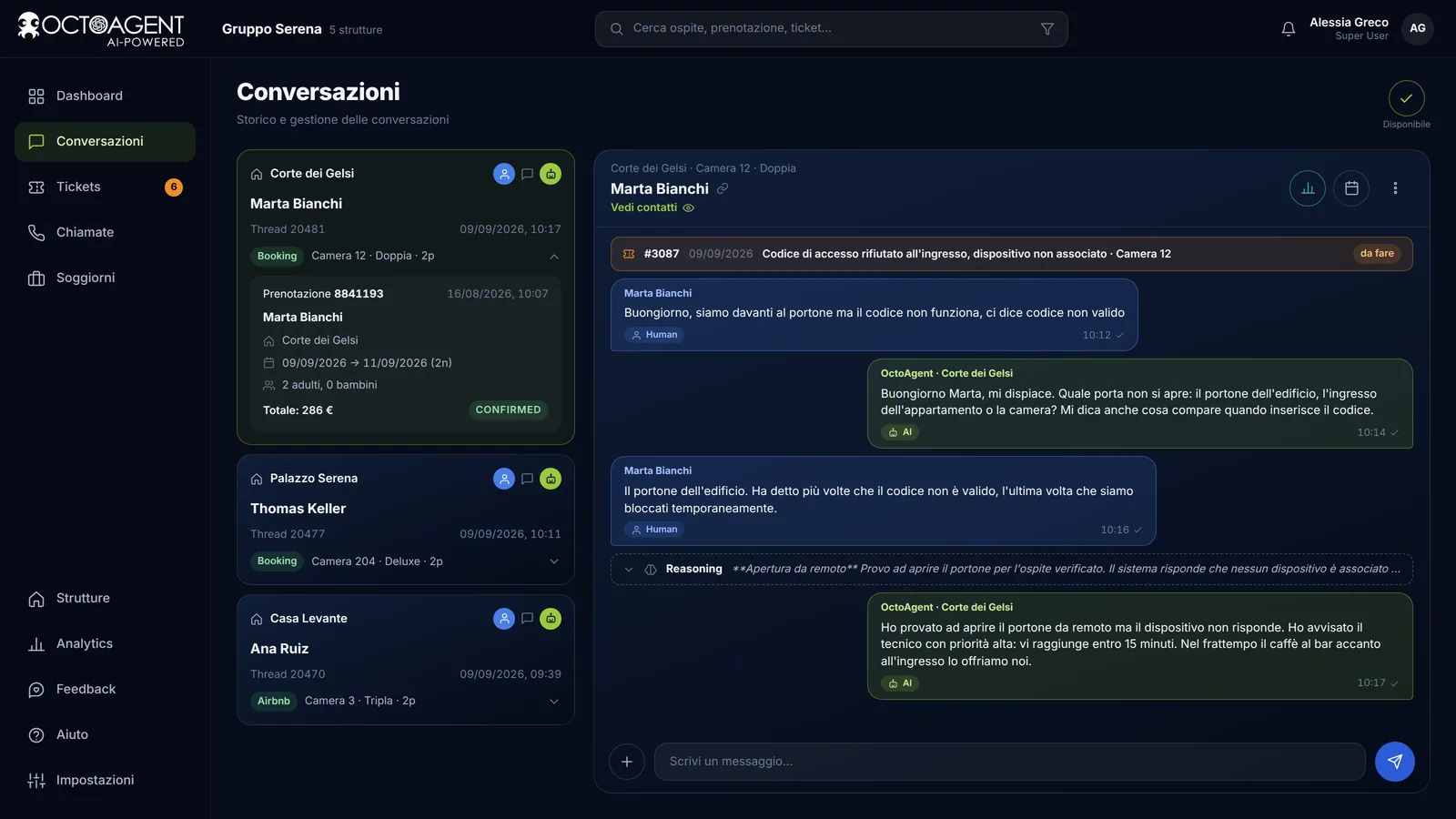 Conversazioni con gli ospiti in OctoAgent: prenotazione a fianco, messaggi etichettati AI o Human e ragionamento visibile