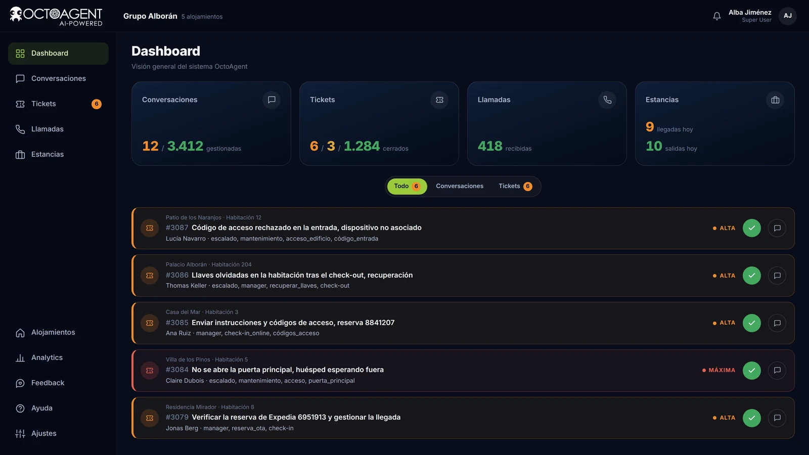 Panel de OctoAgent, agente de IA para hoteles y alquileres vacacionales