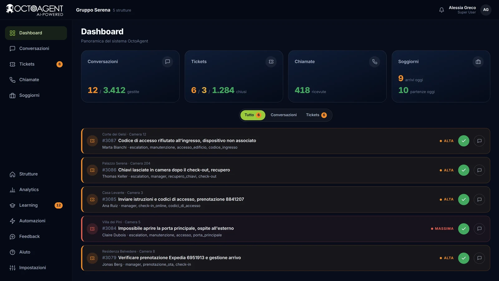 Dashboard di OctoAgent, agente AI per hotel e case vacanze