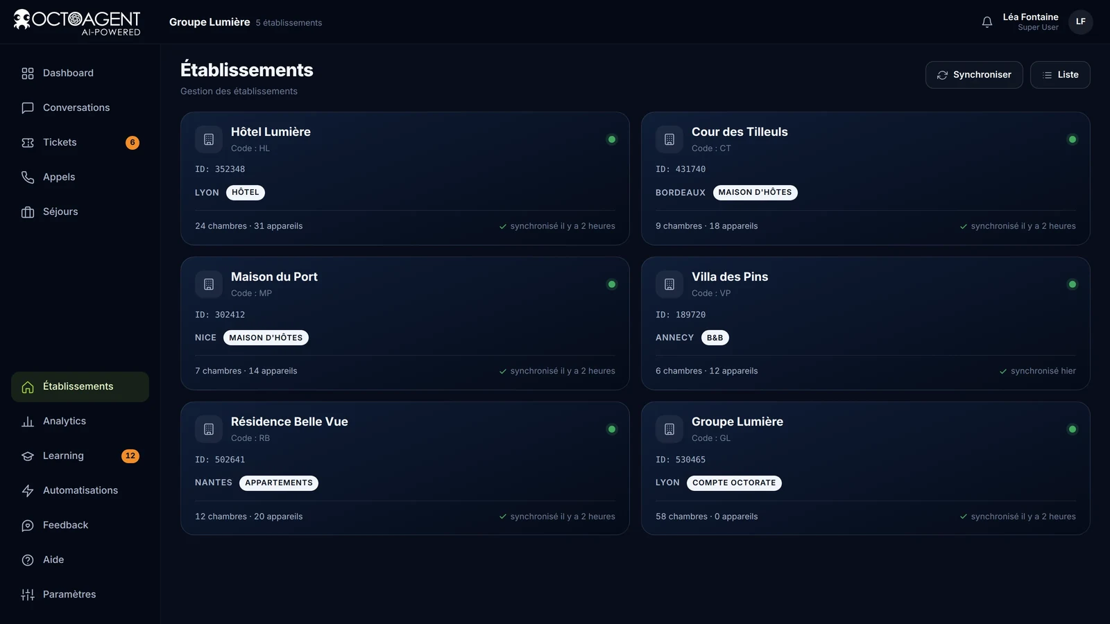 Établissements connectés à OctoAgent, chacun avec ses règles, ses codes et ses appareils