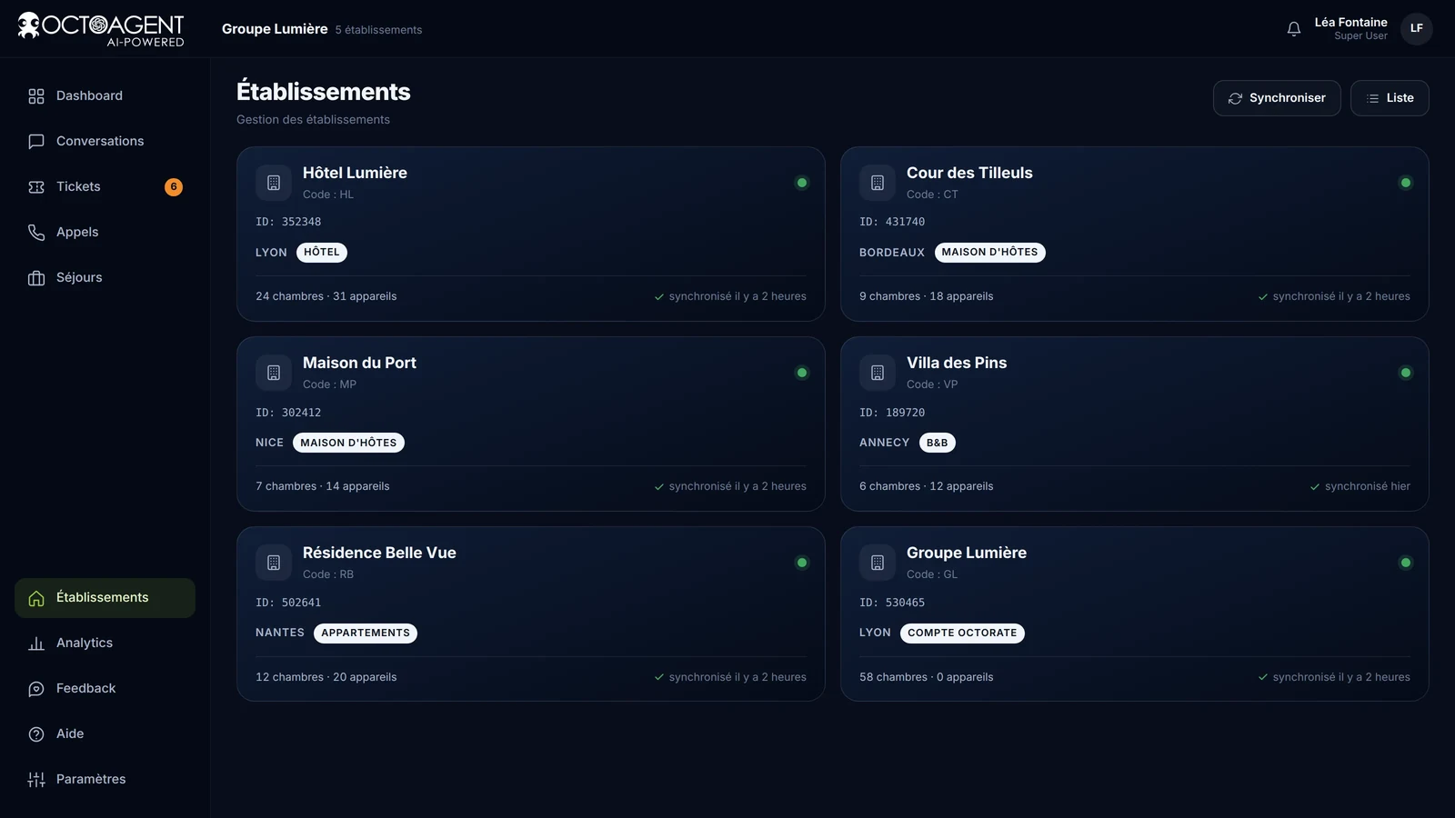 Établissements connectés à OctoAgent, chacun avec ses règles, ses codes et ses appareils