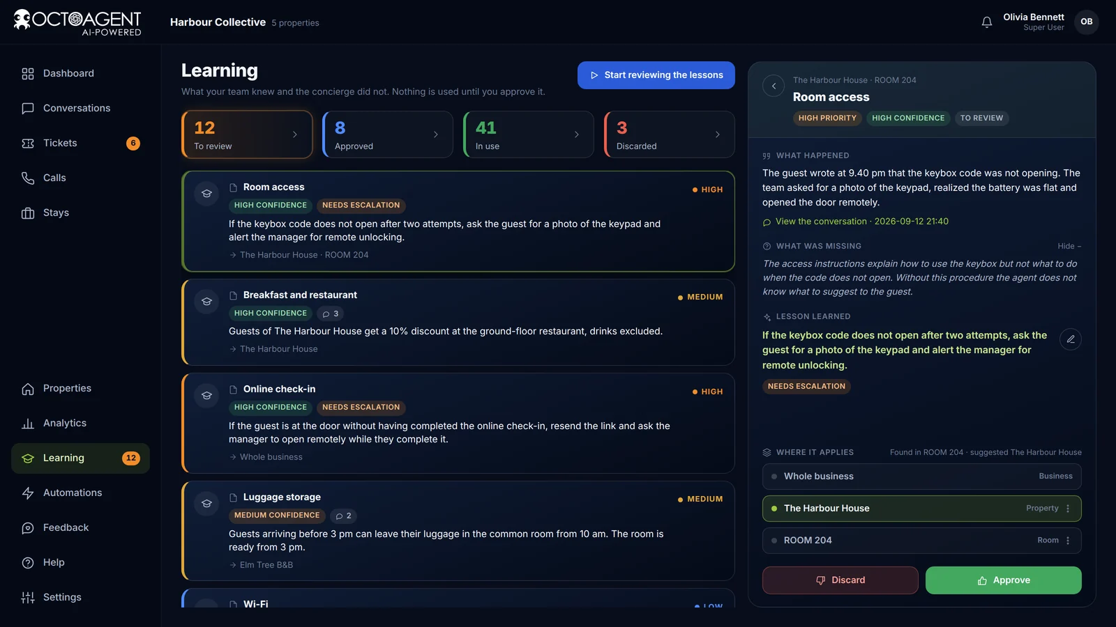 OctoAgent Learning section with lessons proposed from the team’s replies, to review and approve