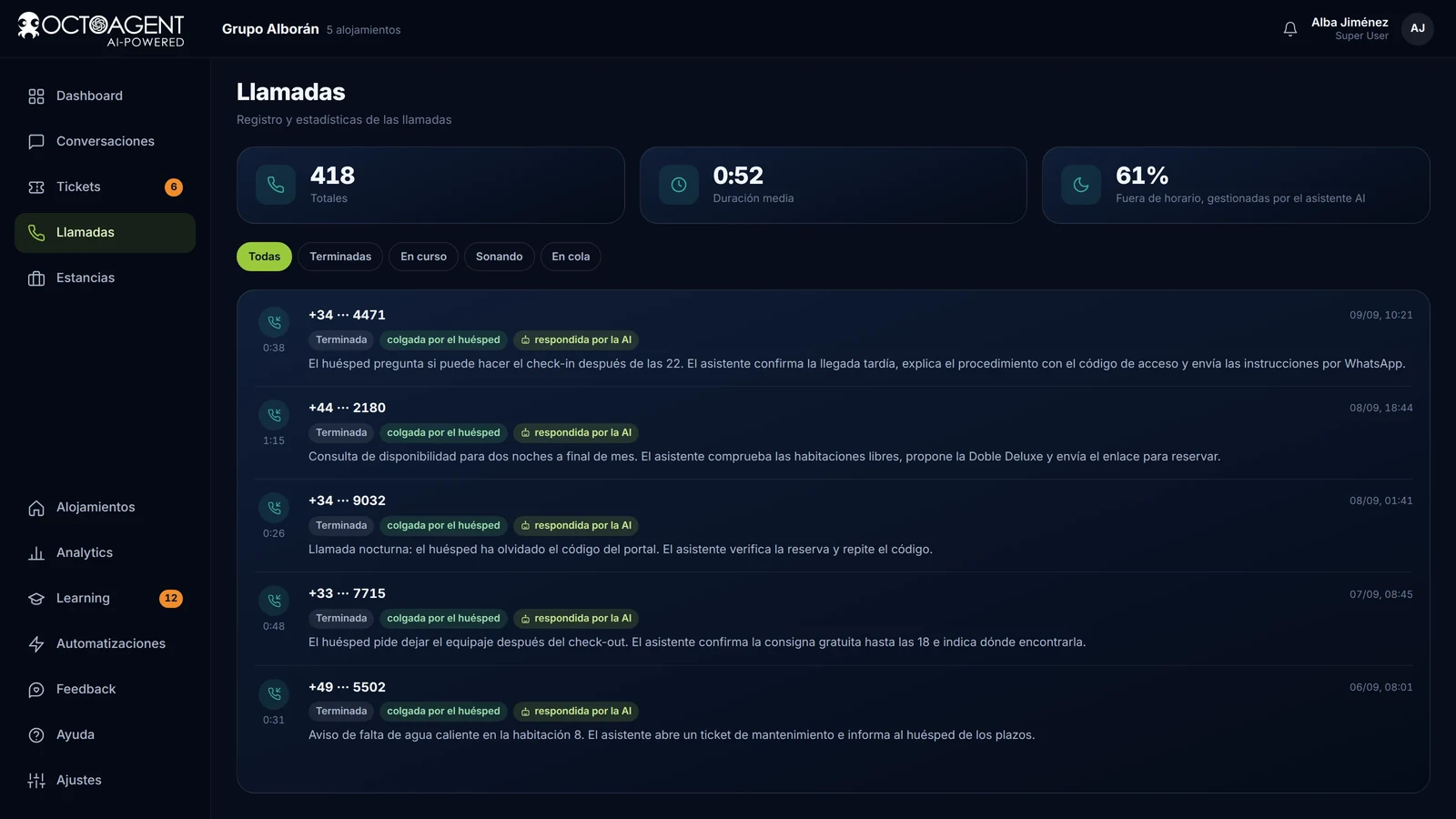 Llamadas telefónicas gestionadas por OctoAgent con resumen escrito, duración y resultado