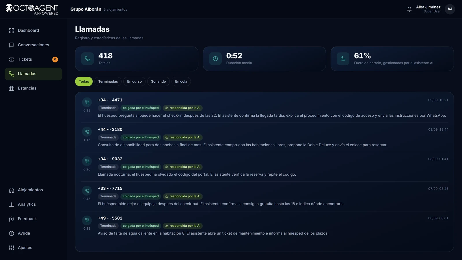 Llamadas telefónicas gestionadas por OctoAgent con resumen escrito, duración y resultado