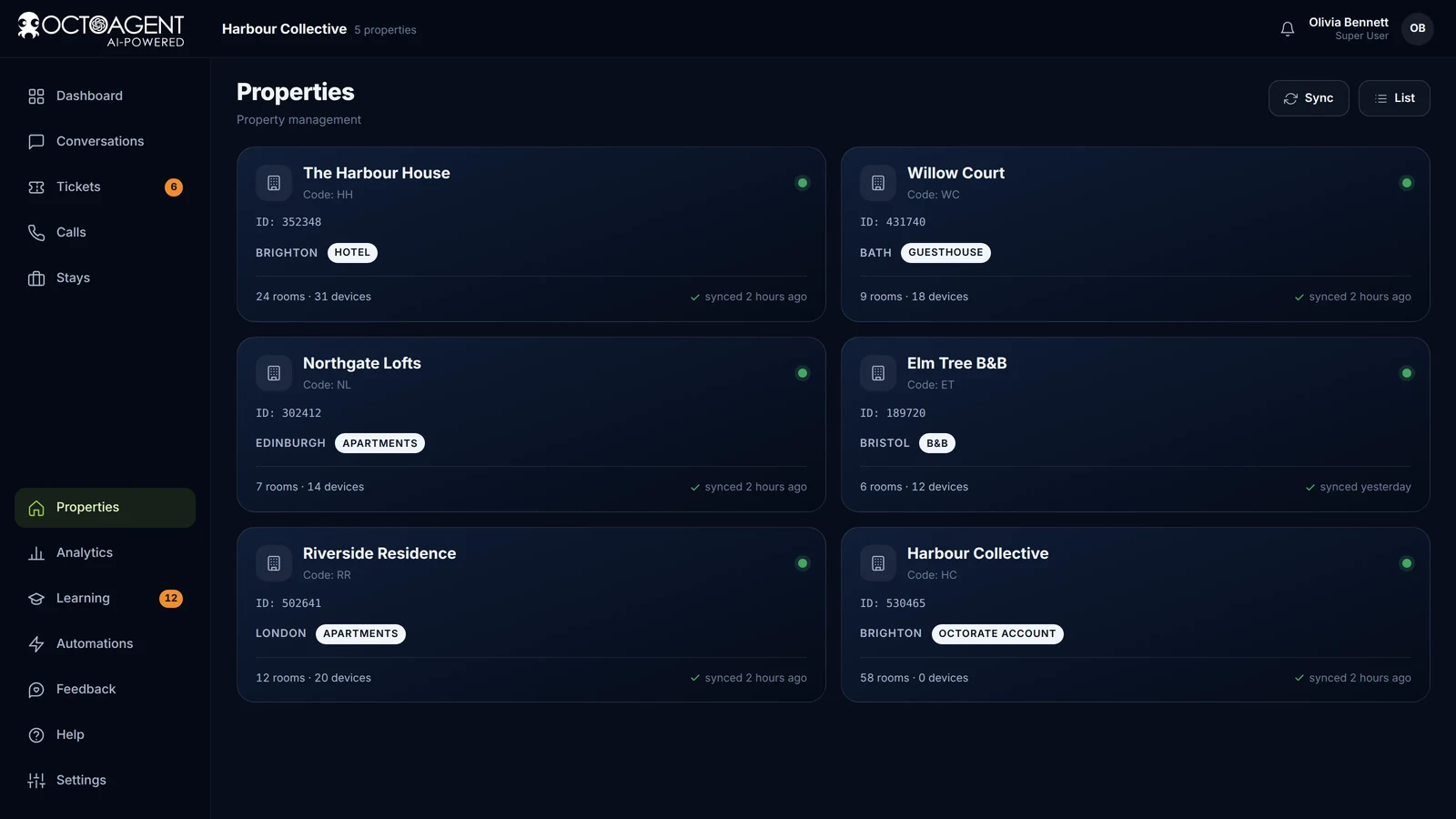 Properties connected to OctoAgent, each with its own rules, codes and devices