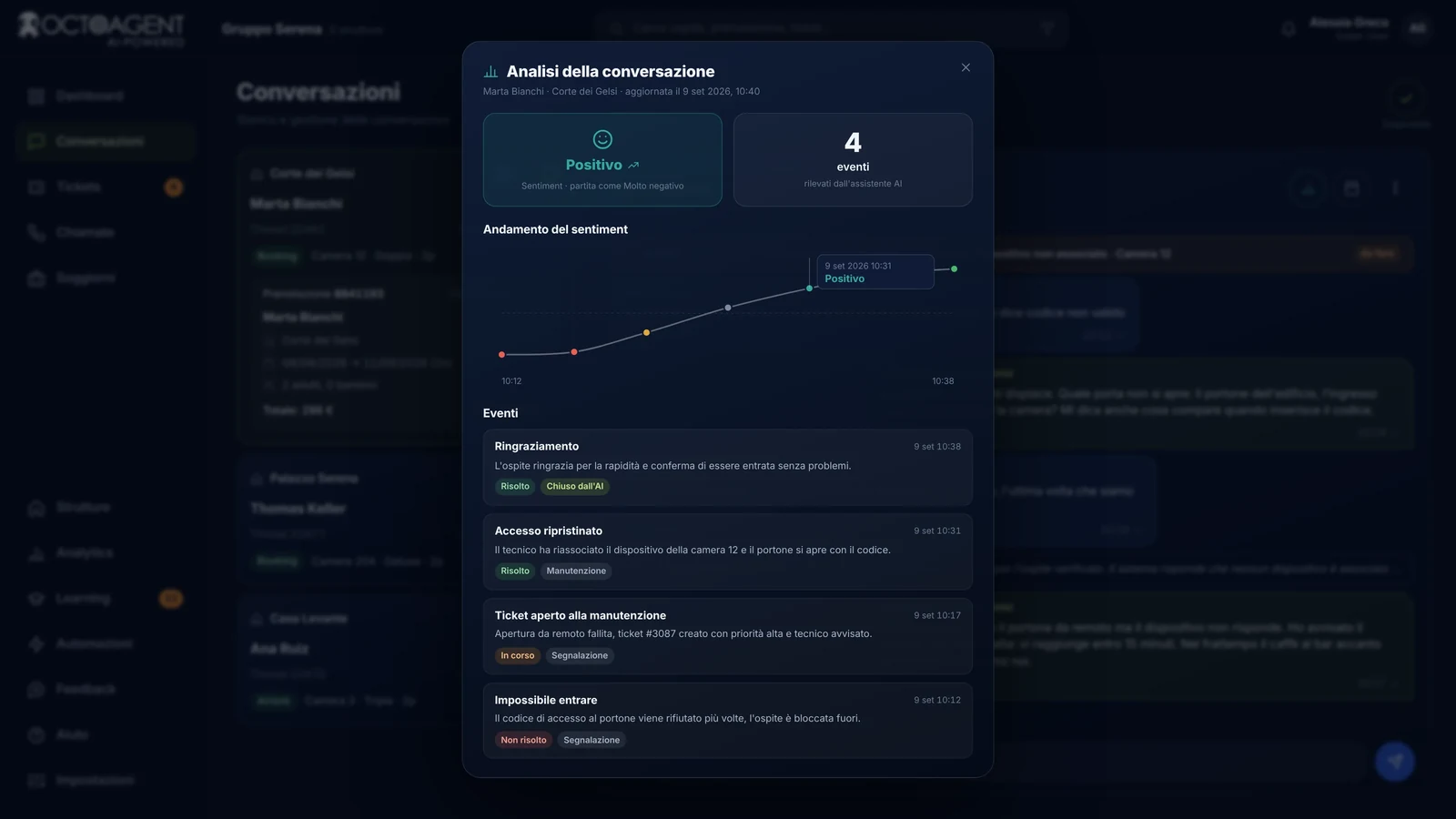Analisi di una conversazione in OctoAgent: andamento del sentiment, eventi rilevati e decisioni dell’agente AI