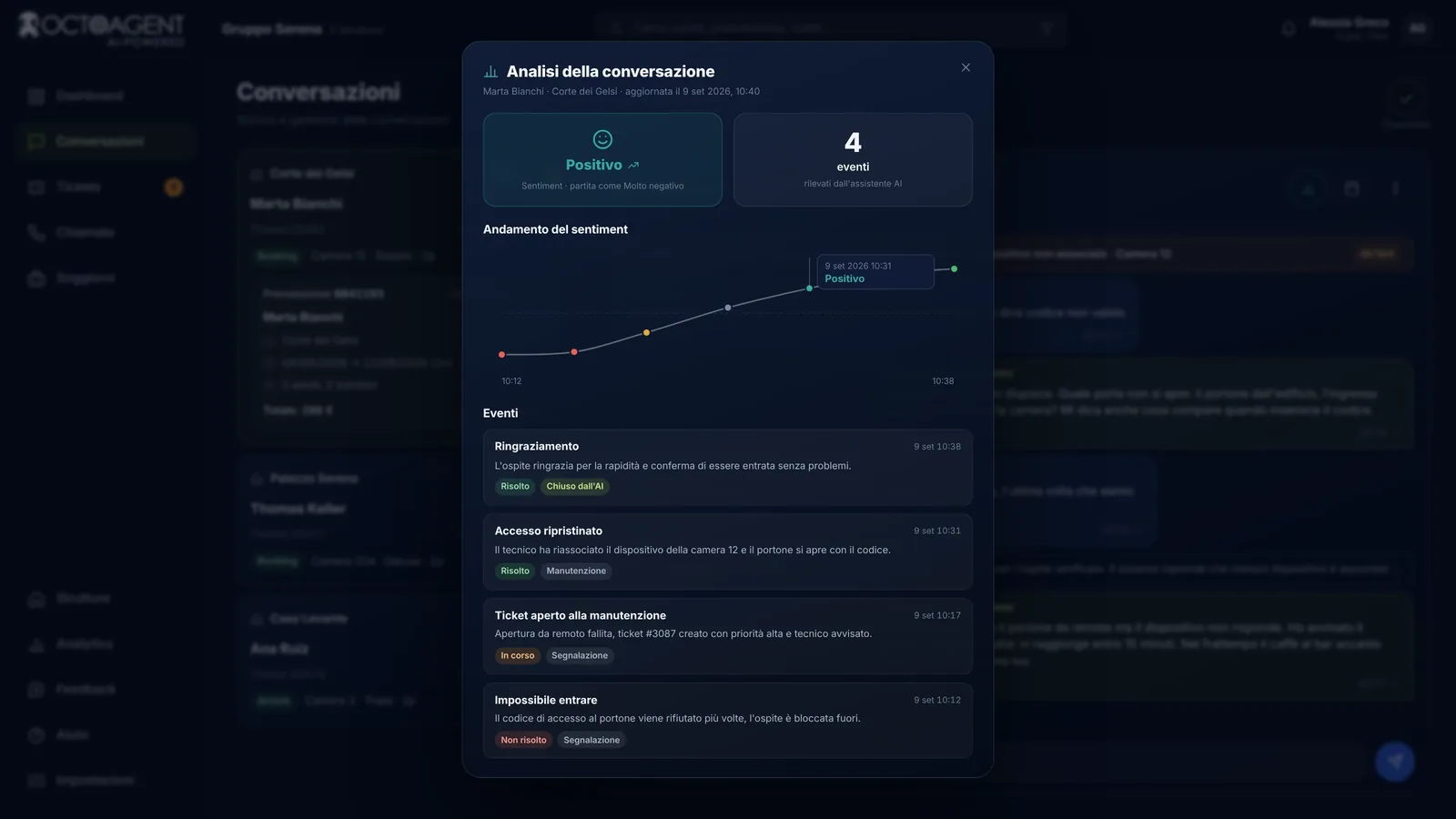 Analisi di una conversazione in OctoAgent: andamento del sentiment, eventi rilevati e decisioni dell’agente AI