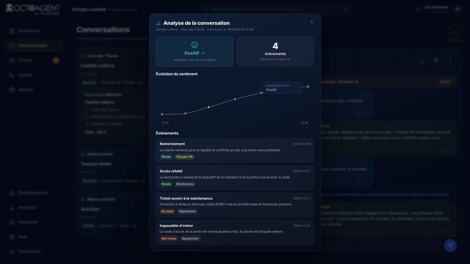 Analyse d’une conversation dans OctoAgent, évolution du sentiment, événements détectés et décisions de l’agent IA