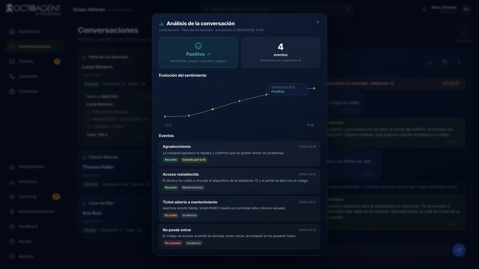 Análisis de una conversación en OctoAgent, evolución del sentimiento, eventos detectados y decisiones del agente de IA