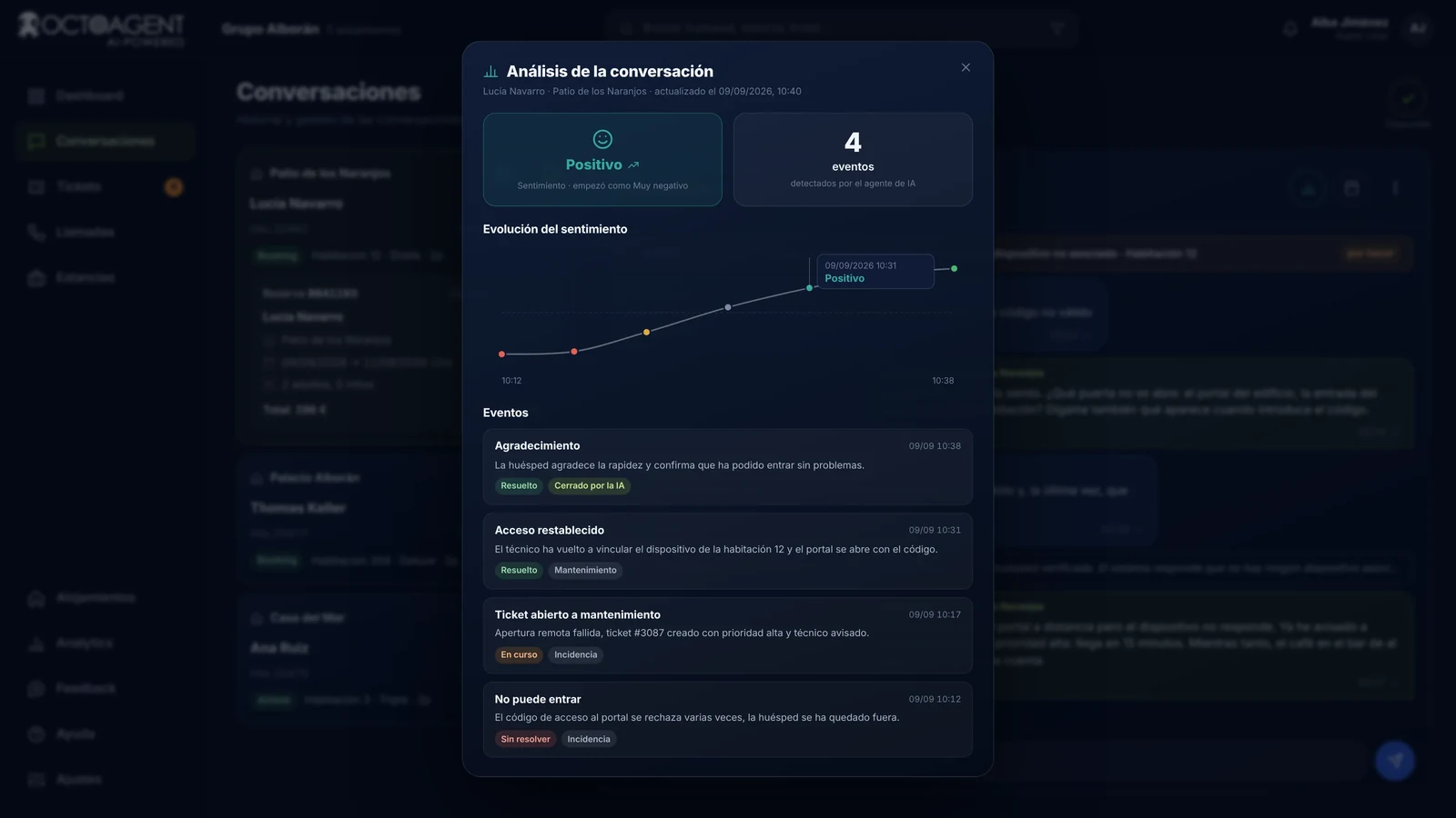 Análisis de una conversación en OctoAgent, evolución del sentimiento, eventos detectados y decisiones del agente de IA