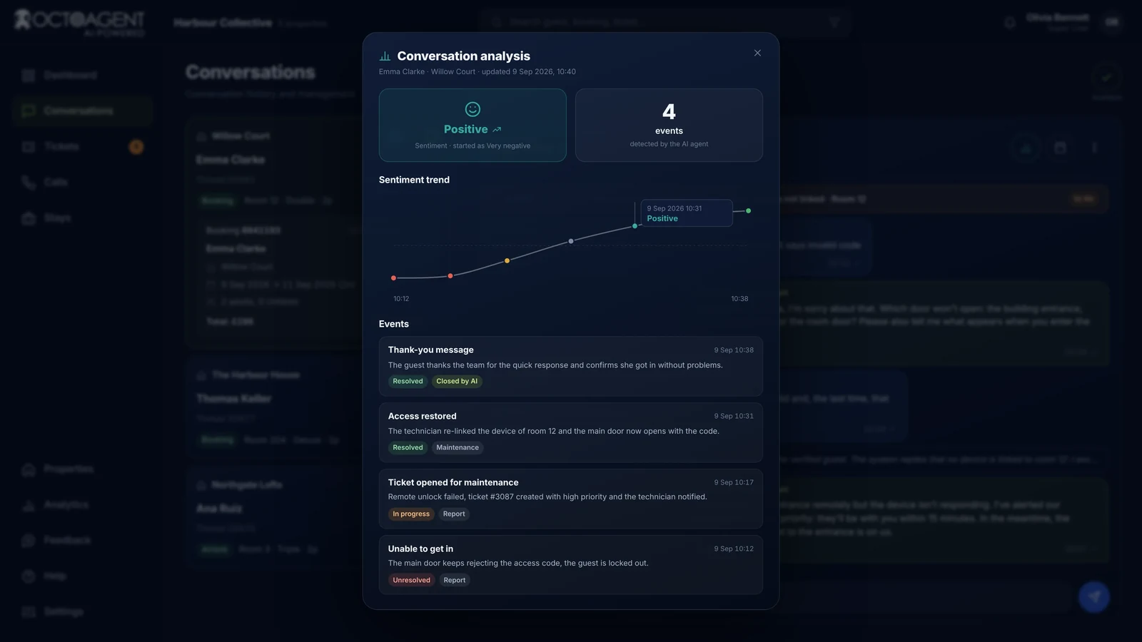 Analysis of a conversation in OctoAgent, sentiment trend, detected events and decisions of the AI agent