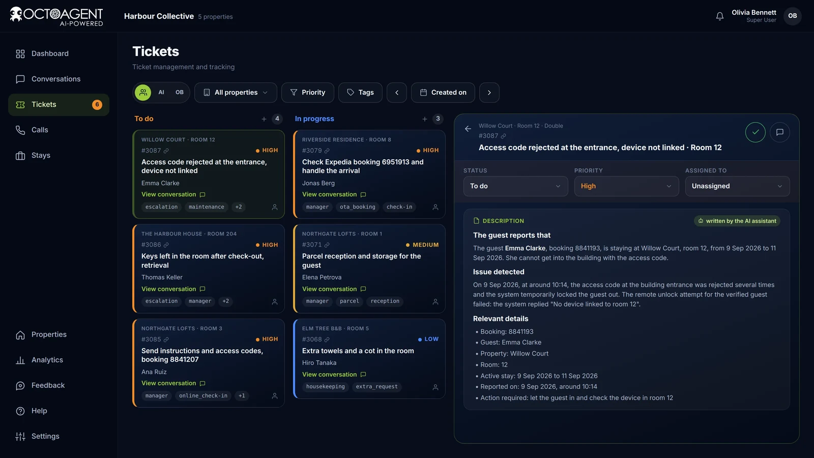 Quadro de tickets do OctoAgent com prioridades, prazos e colunas A fazer, Em andamento e Concluído