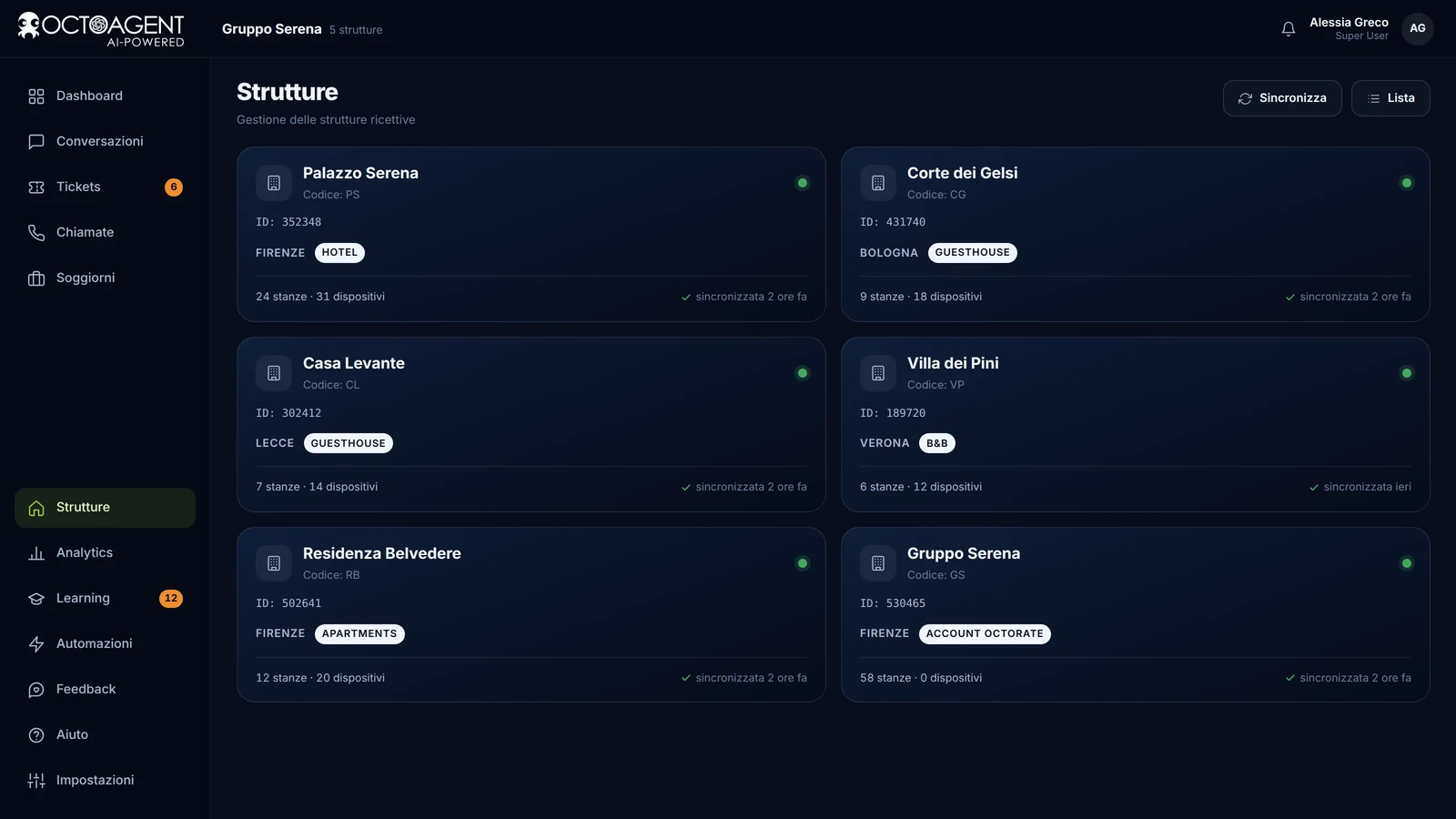 Strutture collegate a OctoAgent con regole, codici e dispositivi per ciascuna