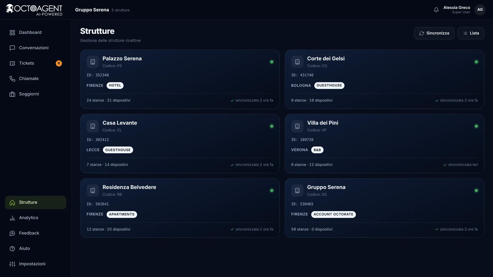Strutture collegate a OctoAgent con regole, codici e dispositivi per ciascuna