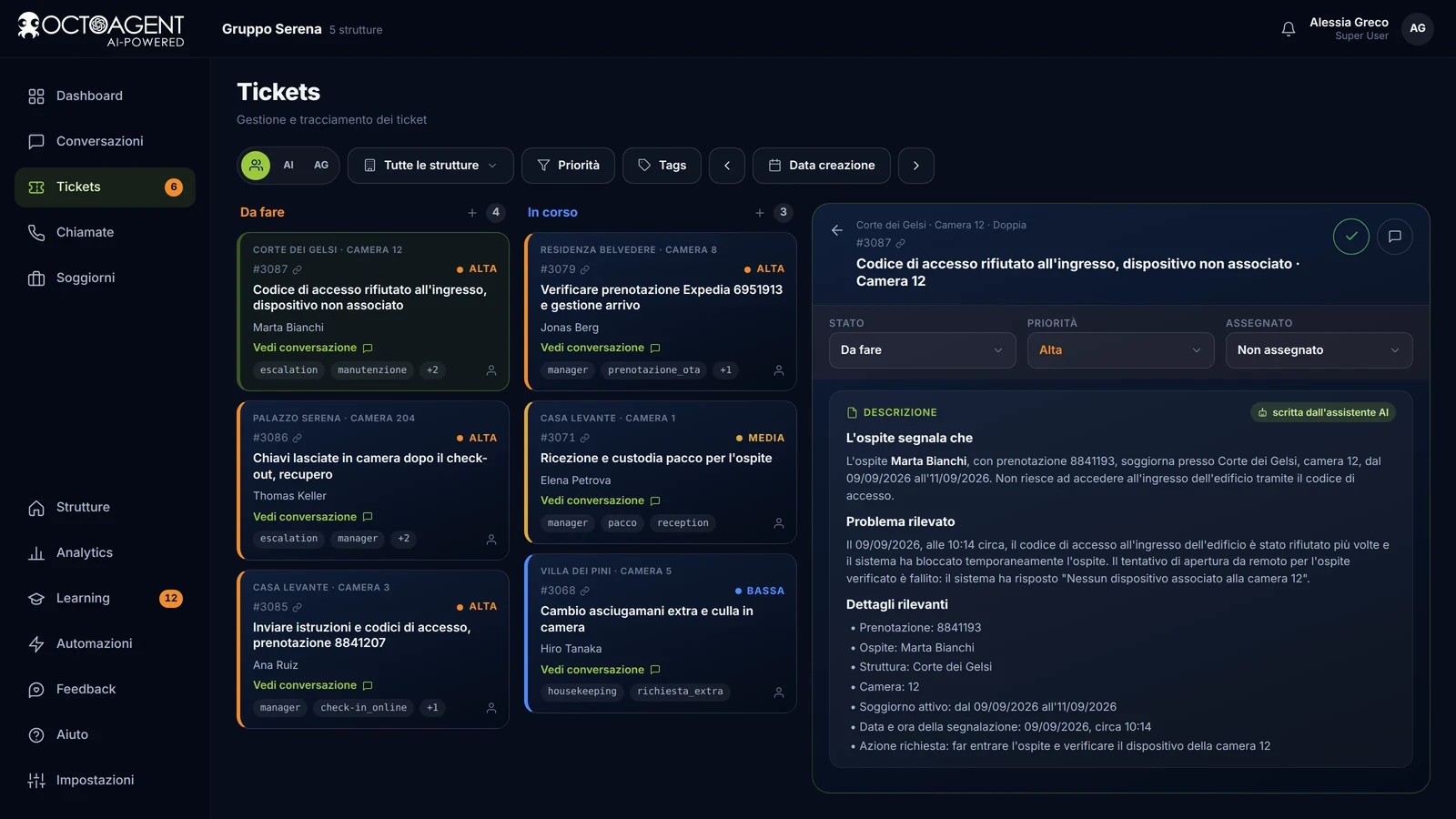 Board dei ticket di OctoAgent con priorità, scadenze e colonne Da fare, In corso, Fatto