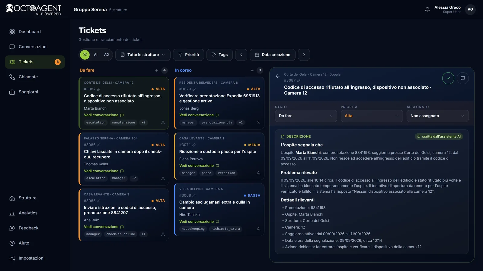Board dei ticket di OctoAgent con priorità, scadenze e colonne Da fare, In corso, Fatto