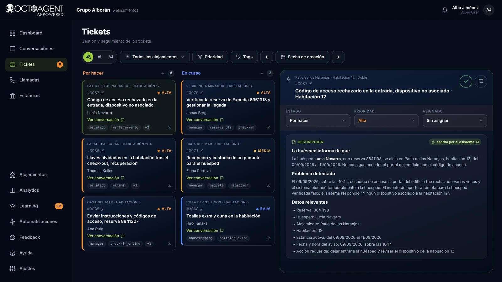 Tablero de solicitudes de OctoAgent con prioridades, plazos y columnas Por hacer, En curso, Hecho