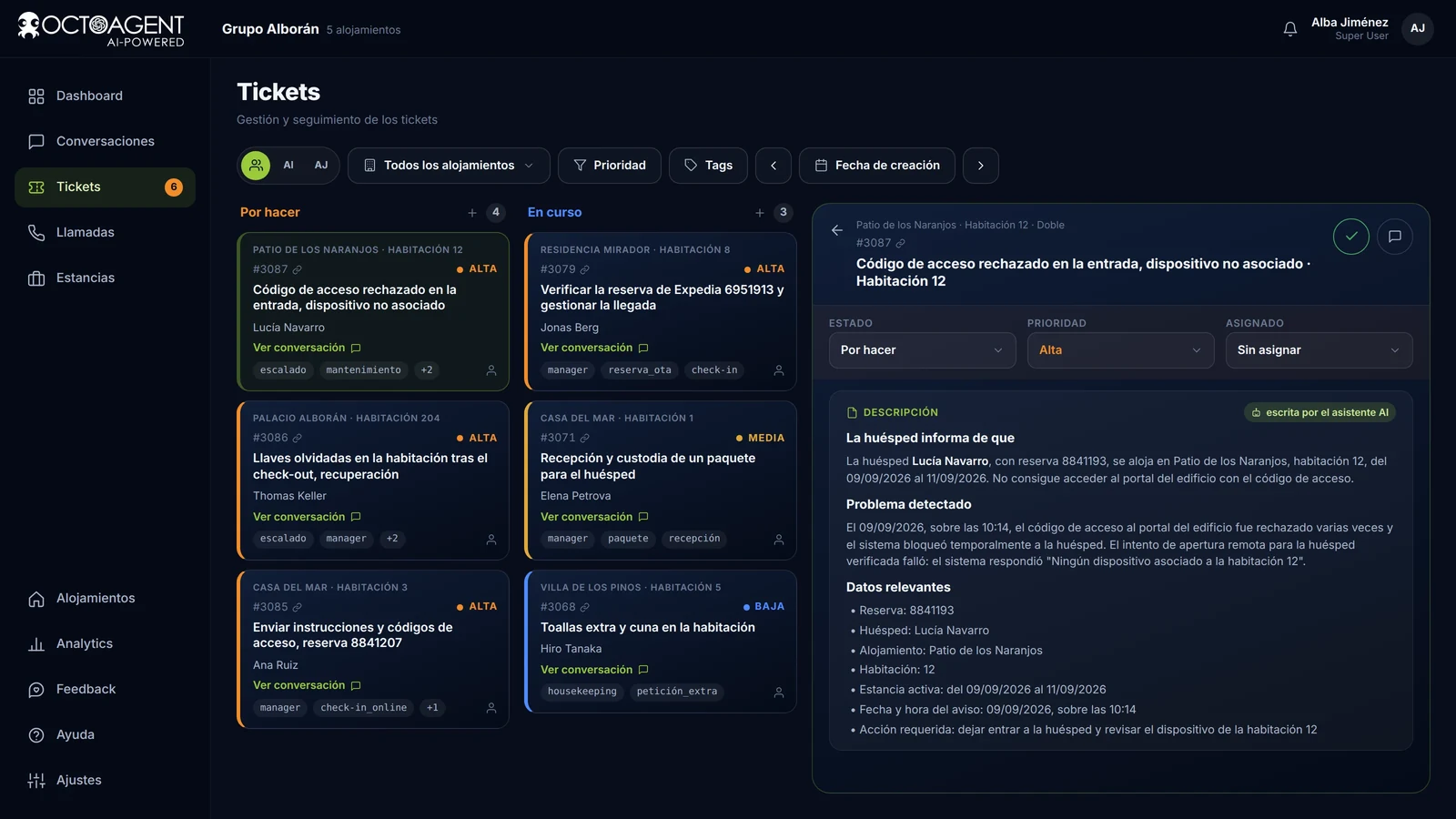 Tablero de solicitudes de OctoAgent con prioridades, plazos y columnas Por hacer, En curso, Hecho
