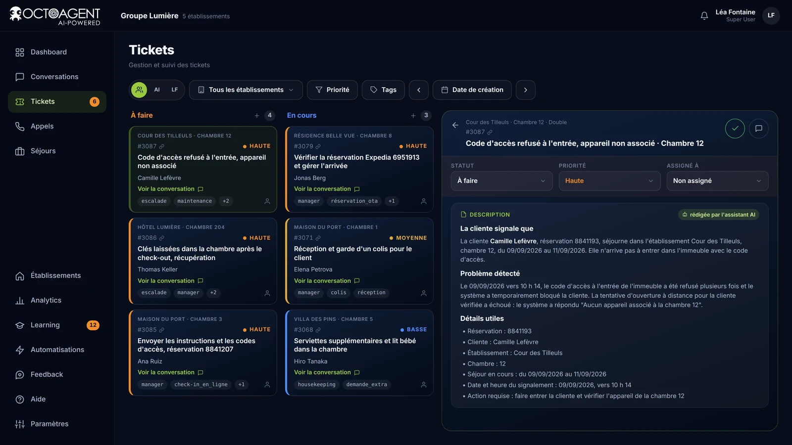 Tableau des demandes d’OctoAgent avec priorités, échéances et colonnes À faire, En cours, Fait