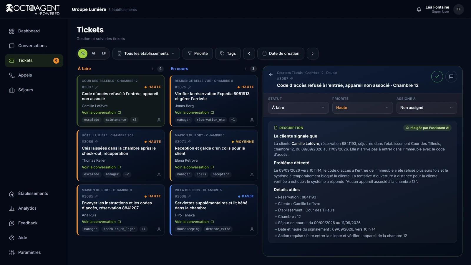 Tableau des demandes d’OctoAgent avec priorités, échéances et colonnes À faire, En cours, Fait